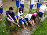 田植えのあと、用水路で足を洗う学生たち。