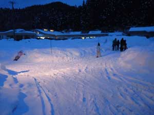 雪あかりと家のあかりで照らされる庭