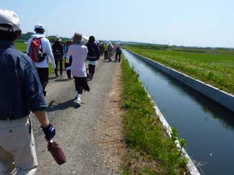 堰と平行に並んで歩く